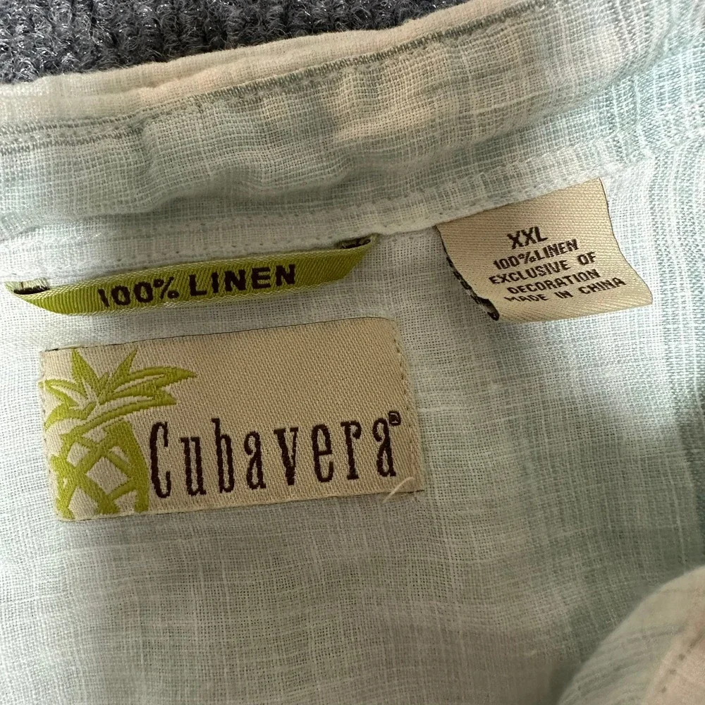 Cubavera Mens XXL 100% Linen Short Sleeve Button Up Shirt Plaid Green White - Picture 3 of 6
